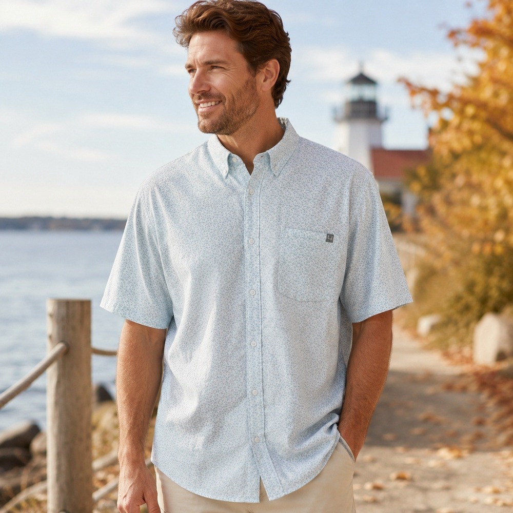 Huk Fishing Shirt Button Down Performance Stretch Mens Blue 2XL Hook Print